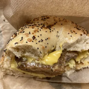 Sausage, egg &amp; cheese on everything bagel. Delicious, hearty, warm!