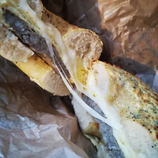 Everything Bagel with Eggs, Sausage, and Swiss!