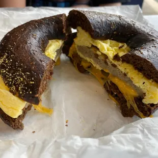 Sausage Scrambled Egg and Cheese Sandwich Breakfast with sausage on pumpernickel