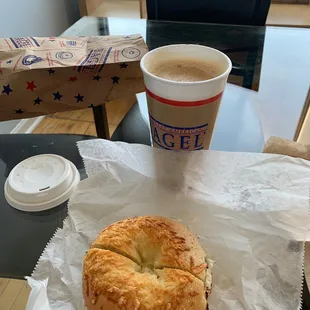 Asiago Bagel with Garlic Cream Cheese and a Latte