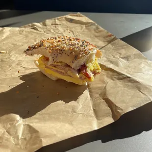 Everything bagel with ham, egg and cheese