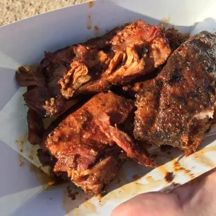 A sample of rib tips from AZ Barbecue. I'm pretty sure $5 for 5 huge rib tips was a delicious mistake.