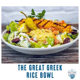 Rice Pilaf with Shredded Lettuce, Tomatoes, Red Onions, Cucumbers, Marinated Garbanzo Beans, Kalamata Olives, and Crumbled Feta...