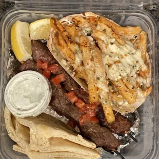 Beef kebab, Greek fries, pita, tzatziki