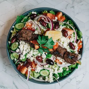 Classic Greek Salad w/ Steak Souvlaki