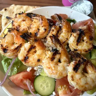 Large classic greek salad with shrimp.