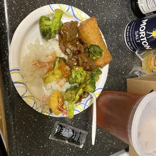 a plate of food and a drink