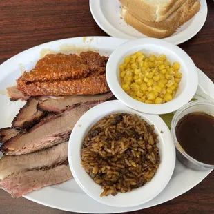 Brisket, Texas hot links, corn, dirty rice