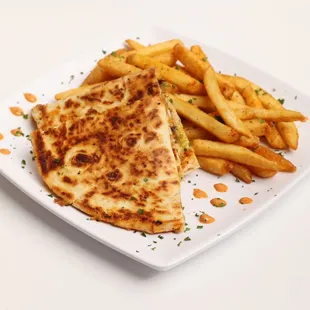 Greedy Chicken Quesadilla served with fries