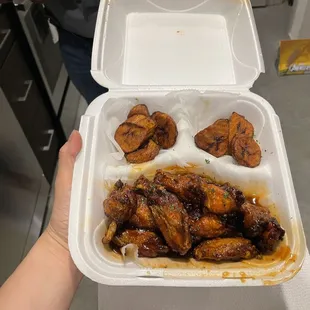 Wings in Greedy BBQ and Honey sauce with plantains