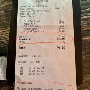 Check with gratuity