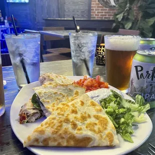 Greek Quesadilla was beautifully presented and melted in my mouth. (Shown here paired with non- alcoholic IPA)