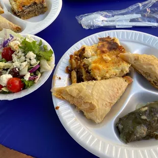 Greek salad, pastitsio, dolmades, spanakopita.