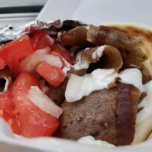 Traditional Greek Gyro Sandwich: Gyro Meat, Onion, Tomato &amp; Tzatziki