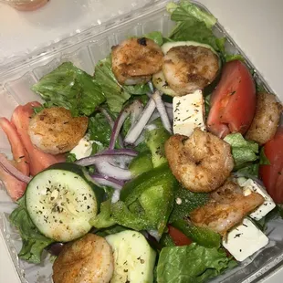 Traditional Greek salad with shrimp, to go
