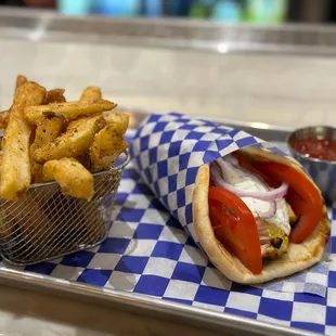 Souvlaki chicken pita and fries