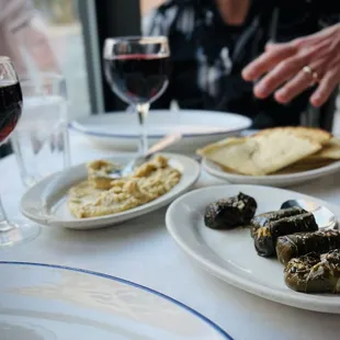 Started off our early dinner with wine and delicious Dolmades
