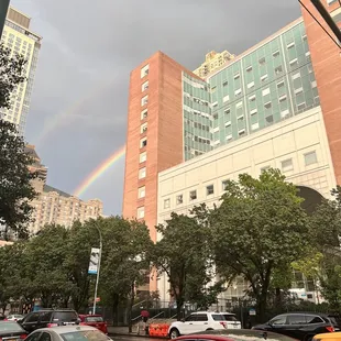 View from outside the restaurant with a double rainbow