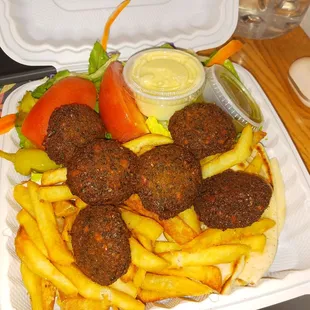 Falafel platter with no feta and fries instead of  pasta
