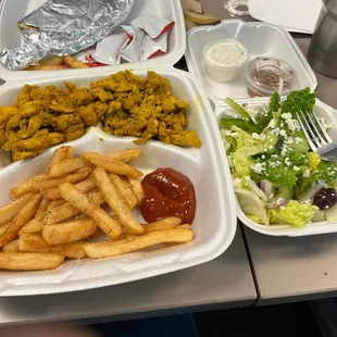 Chicken shawarma platter with salad and fries