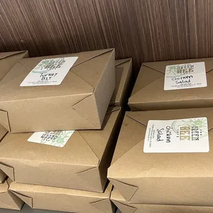 a stack of brown boxes