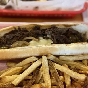 Philly Cheesesteak Sandwich with fries