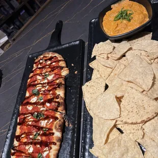 Margherita flatbread and buffalo chicken dip