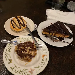 Chocolate peanut butter cheesecake, chocolate peanut butter pie, and turtle cheesecake.