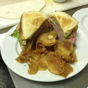 a sandwich and potato chips