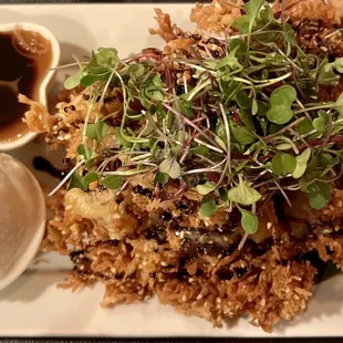 Fried banana with coconut ice cream. I didn't like the fried banana the batter was too heavy.