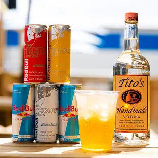 a variety of beverages on a table