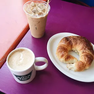 Two lattes and a plain croissant