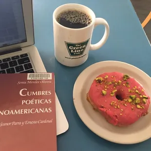 rosewater pistachio donut w coffee for here