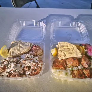 Chicken Shawarma plate and Lamb Loin Chop Plate.  Ordered the Eggplant side, hummus, grilled vegetables, garlic sauce
