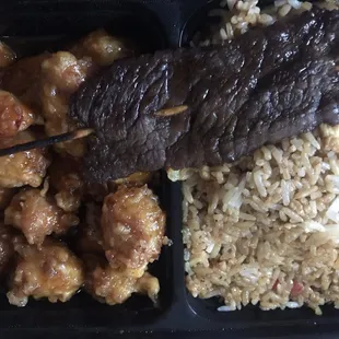 General gau with pork fried rice and beef teriyaki