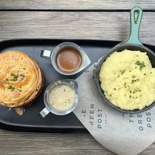 Cheese and onion pie with mashed potatoes and cabbage