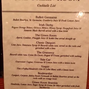 Cocktail list - Oct 2017 (Side Car and Green Room Bramble were $12 each)