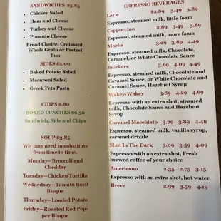 Lunch and Espresso Beverage Menu