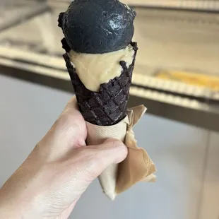 Waffle Cone w/ Split Speculoos &amp; Black Ash Coconut (all vegan) $5.95 + $1.50