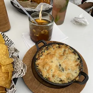 Spinach dip, birria tacos