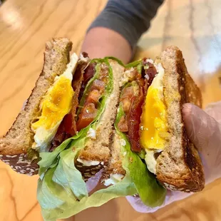 BLTEA!  Conecuh Bacon, local butter lettuce, fried farm egg, avocado, tomato &amp; Mayo on multigrain bread!