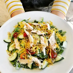 Roasted Chicken Salad! local butter lettuce, oven roasted chicken, tomatoes, cucumbers, cheddar, sunflower seeds &amp; house made ranch