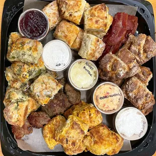 Super biscuit board: mini biscuits, bacon, sausage &amp; fixings!