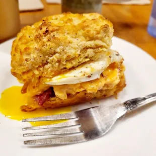 Sweet potato biscuit with egg, bacon and pimiento cheese