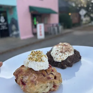 Specials Roasted beet biscuits with herby goat fluff and pistachios and chocolate chocolate chip biscuits with orange fluff and crumbles
