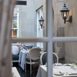 a view of a dining room through a window