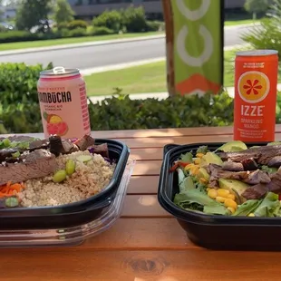 Ichiban Steak bowl (right), Ensenada Salad with steak (left)
