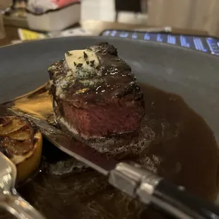 Boo already couldn't wait!  Waygu Flat iron...super tender!!