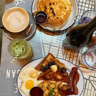 Village Pancakes, Grey Dog's Breakfast, latte, rose petal matcha latte