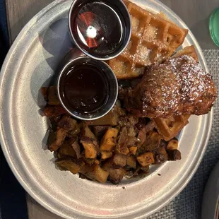 Chicken and waffles with home fries